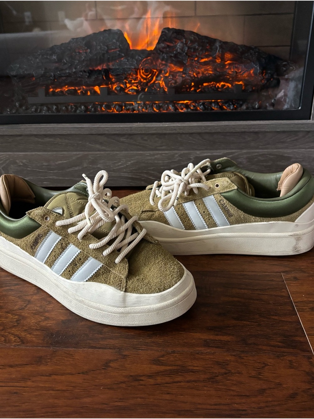 adidas Olive Green Suede Sneakers with White Stripes